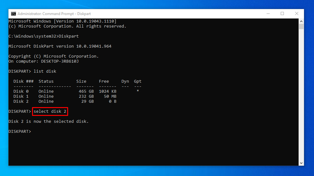 Erase/Clean a Drive Through the Command Prompt Using Diskpart
