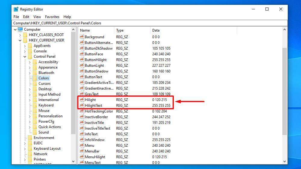 Change Text Highlight Color in Windows 10 Using Registry Editor