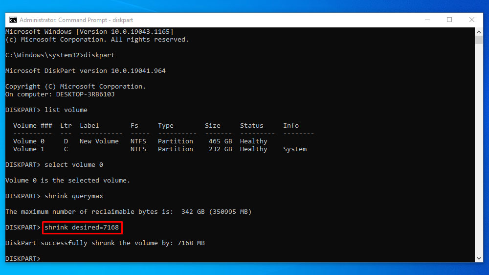 Shrink a Volume or Partition using Command Prompt 