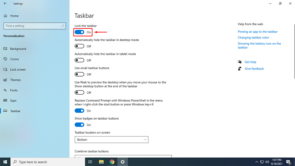 Steps to Lock or Unlock Taskbar using Settings