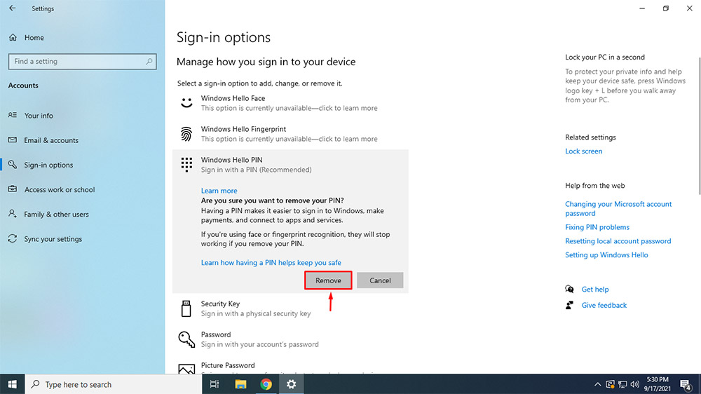 Steps to remove Windows Hello PIN in Windows 10