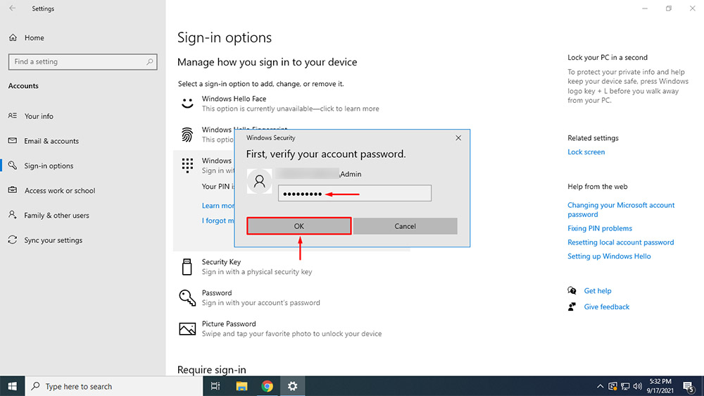 Steps to remove Windows Hello PIN in Windows 10